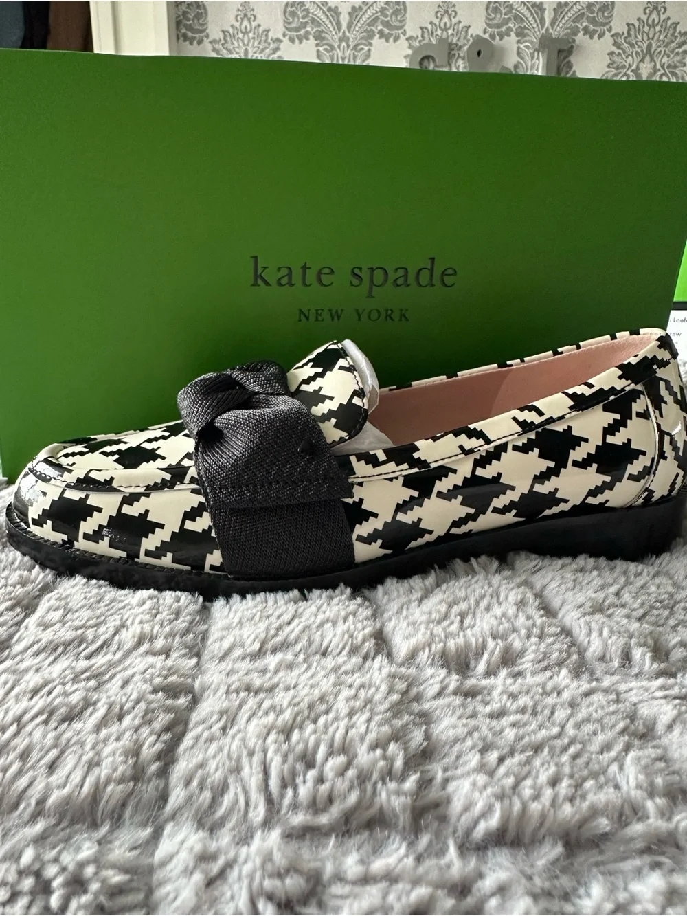 kate spade Black & White Houndstooth Bow Loafers